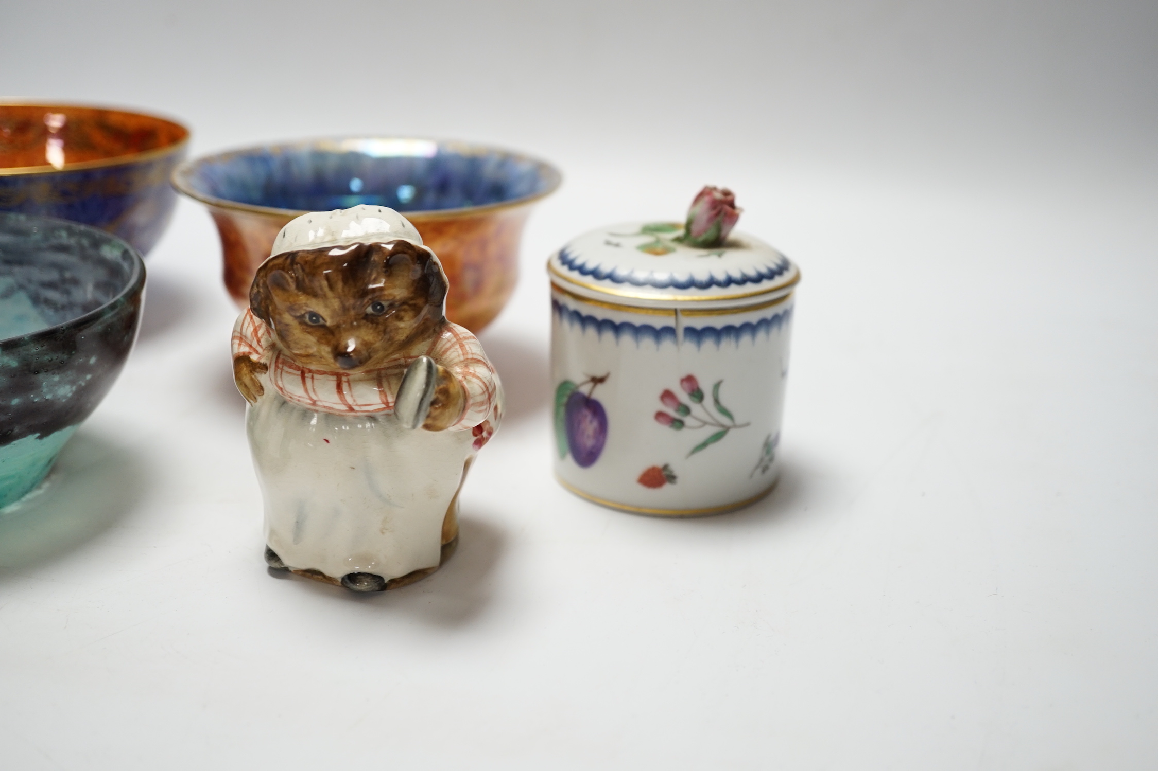 Two Wedgwood lustre bowls, a Vasart type glass bowl and two other items comprising Beatrix potter figure and Italian porcelain pot and cover, largest 13cm in diameter